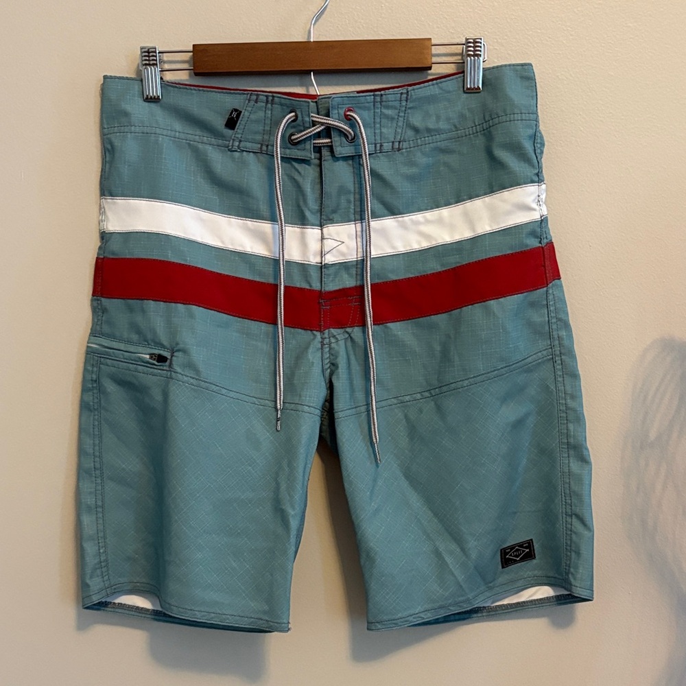 Split Men's Board Shorts/Swim Trunks - Teal, Red, and White